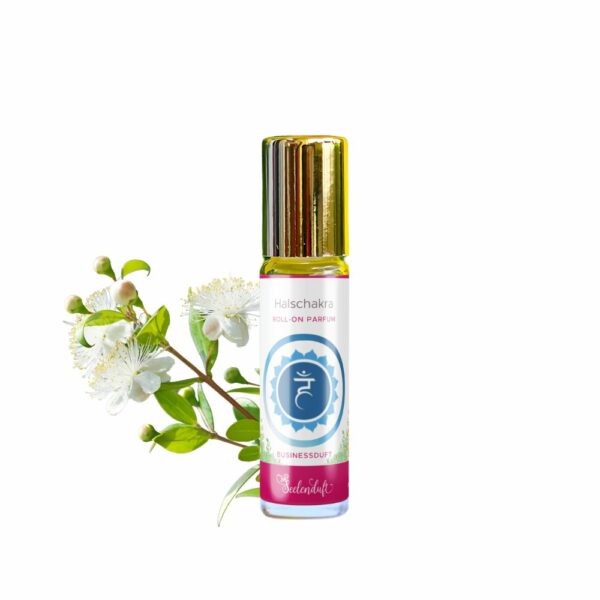 Halschakra Roll-On Parfuem mit aetherischen oelen für innere Klarheit, Ausdruck von Gedanken und Gefuehlen, handgefertigt von Seelenduft